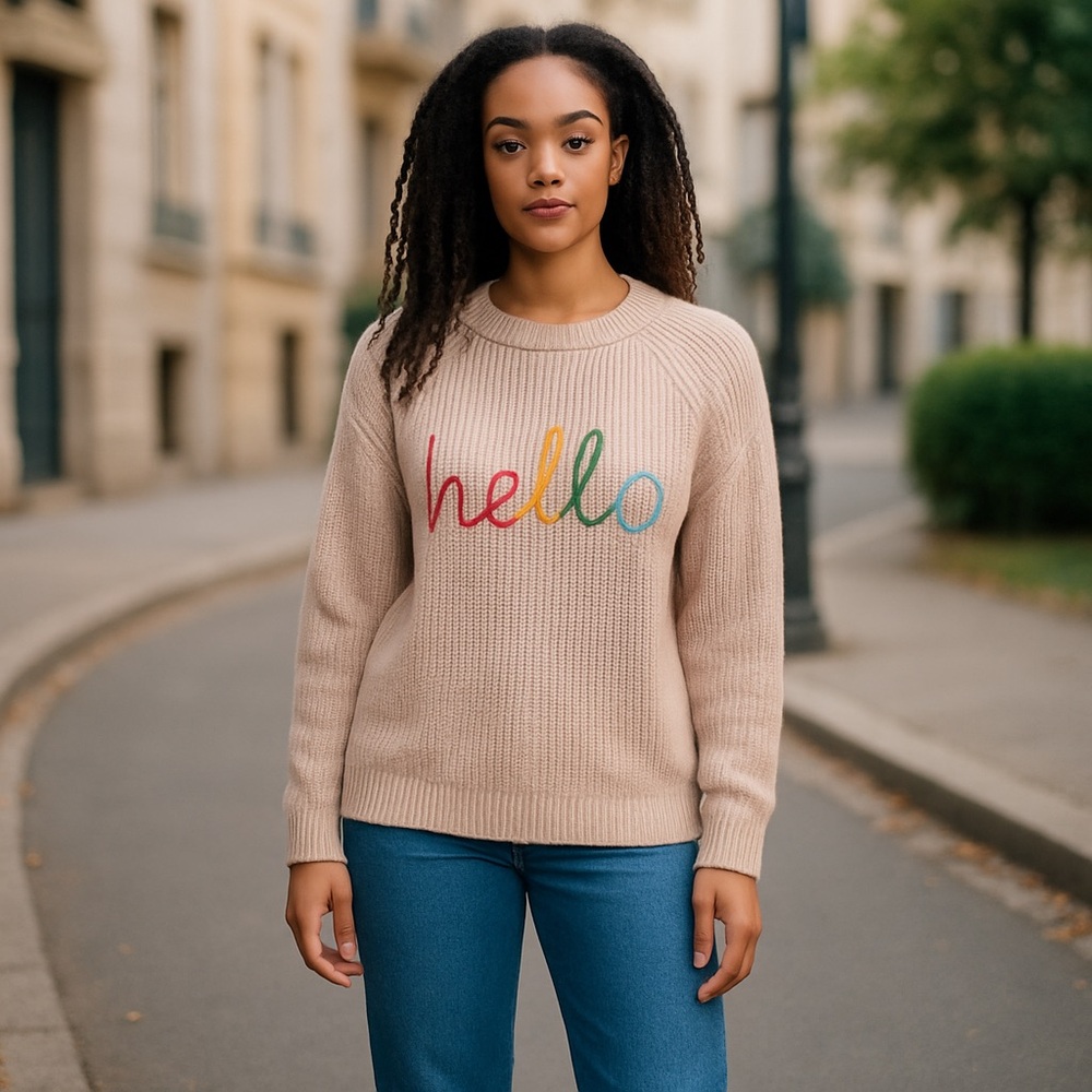 Pink Ribbed Sweater with Multicolor 'Hello' Embroidery